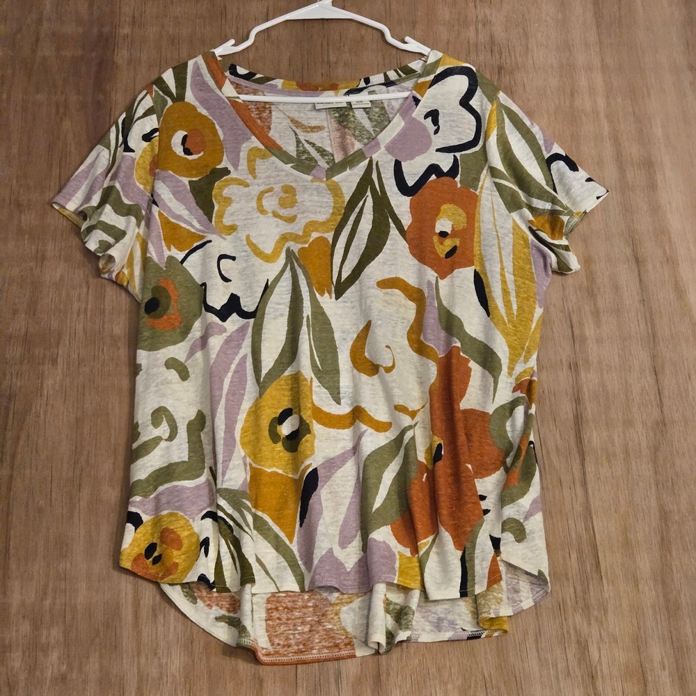 Rachel Zoe 100% Linen Floral V-Neck Short Sleeve Top Plus Size 1X Multi-Color